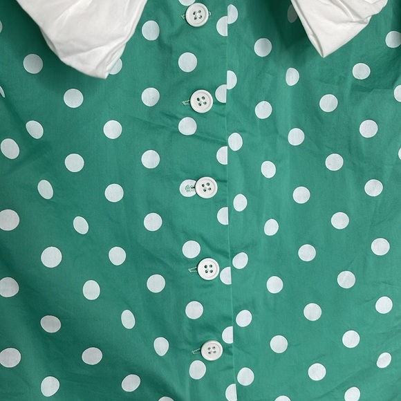 Unique Vintage Green White Polka Dot Bow Top Short Sleeve Blouse Size 2X /18 - Picture 3 of 5